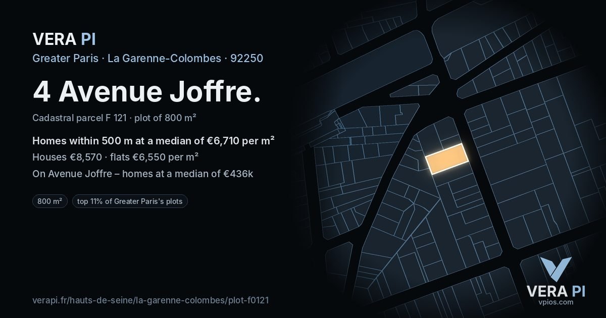 4 Avenue Joffre, La Garenne-Colombes at night – the plot lit, the parcels around coloured by the prices near them
