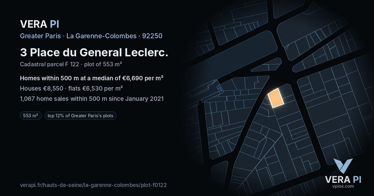 3 Place du General Leclerc, La Garenne-Colombes at night – the plot lit, the parcels around coloured by the prices near them