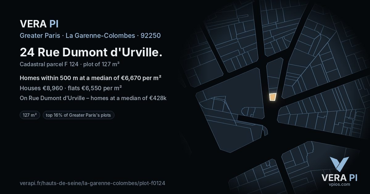 24 Rue Dumont d'Urville, La Garenne-Colombes at night – the plot lit, the parcels around coloured by the prices near them