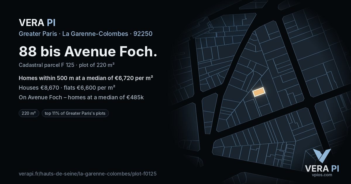 88 bis Avenue Foch, La Garenne-Colombes at night – the plot lit, the parcels around coloured by the prices near them