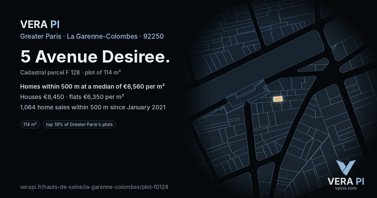 5 Avenue Desiree, La Garenne-Colombes at night – the plot lit, the parcels around coloured by the prices near them