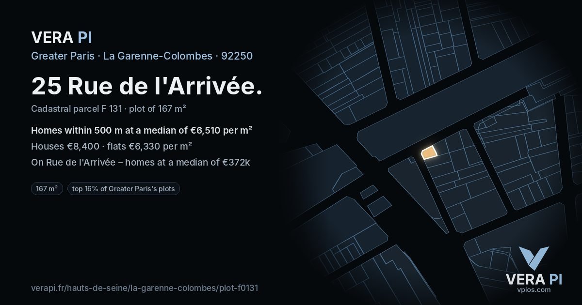 25 Rue de l'Arrivée, La Garenne-Colombes at night – the plot lit, the parcels around coloured by the prices near them