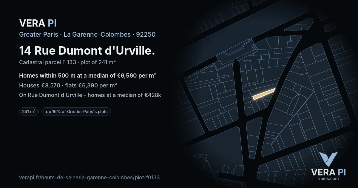14 Rue Dumont d'Urville, La Garenne-Colombes at night – the plot lit, the parcels around coloured by the prices near them