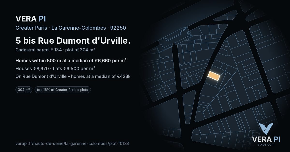 5 bis Rue Dumont d'Urville, La Garenne-Colombes at night – the plot lit, the parcels around coloured by the prices near them