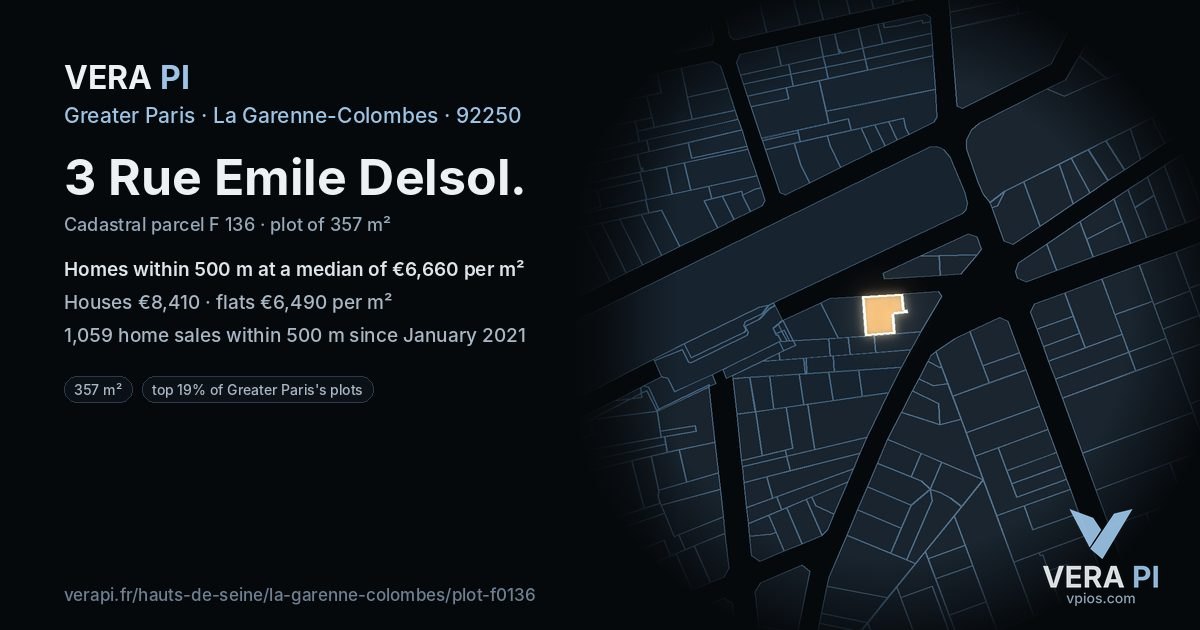 3 Rue Emile Delsol, La Garenne-Colombes at night – the plot lit, the parcels around coloured by the prices near them