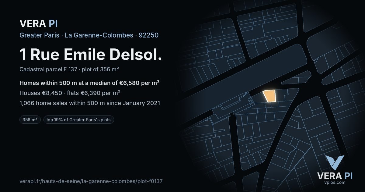 1 Rue Emile Delsol, La Garenne-Colombes at night – the plot lit, the parcels around coloured by the prices near them