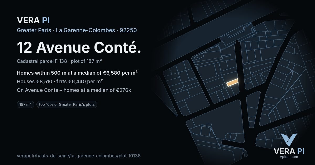12 Avenue Conté, La Garenne-Colombes at night – the plot lit, the parcels around coloured by the prices near them