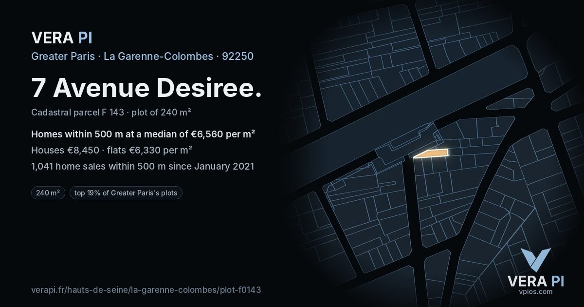 7 Avenue Desiree, La Garenne-Colombes at night – the plot lit, the parcels around coloured by the prices near them