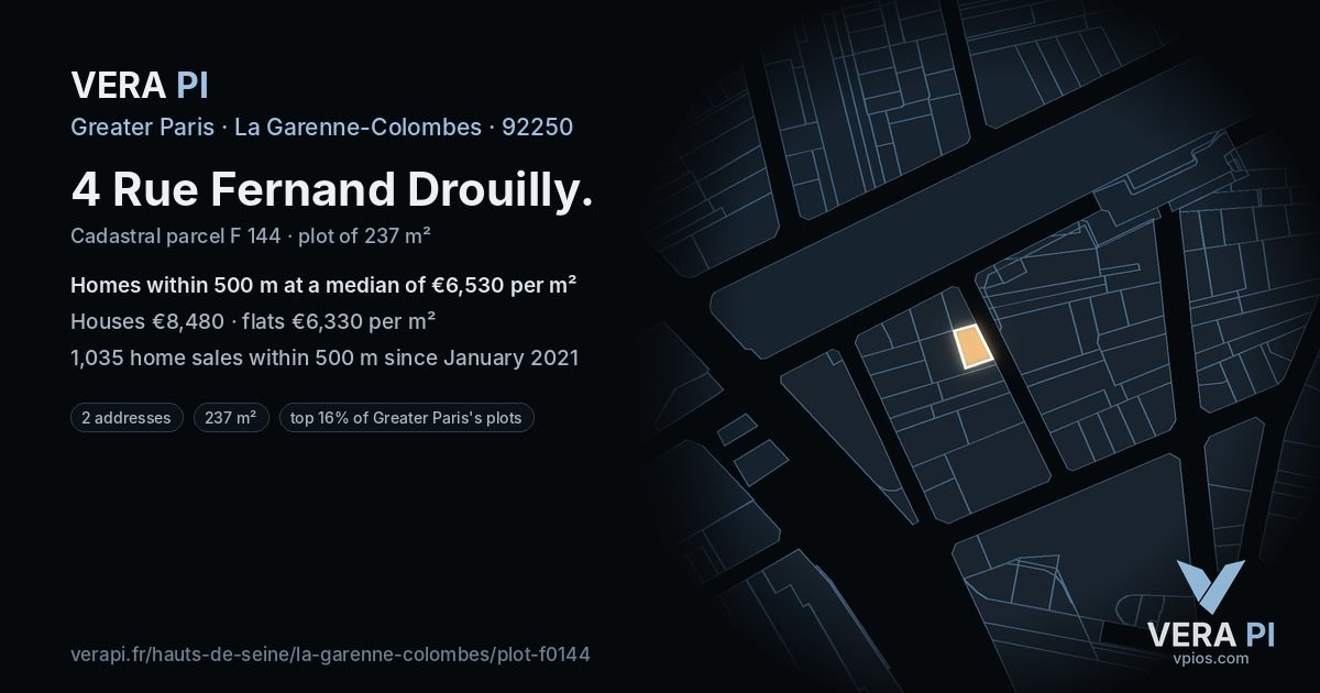 4 Rue Fernand Drouilly, La Garenne-Colombes at night – the plot lit, the parcels around coloured by the prices near them