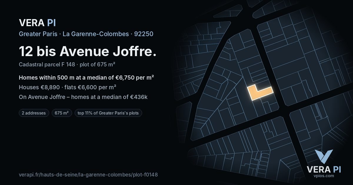 12 bis Avenue Joffre, La Garenne-Colombes at night – the plot lit, the parcels around coloured by the prices near them