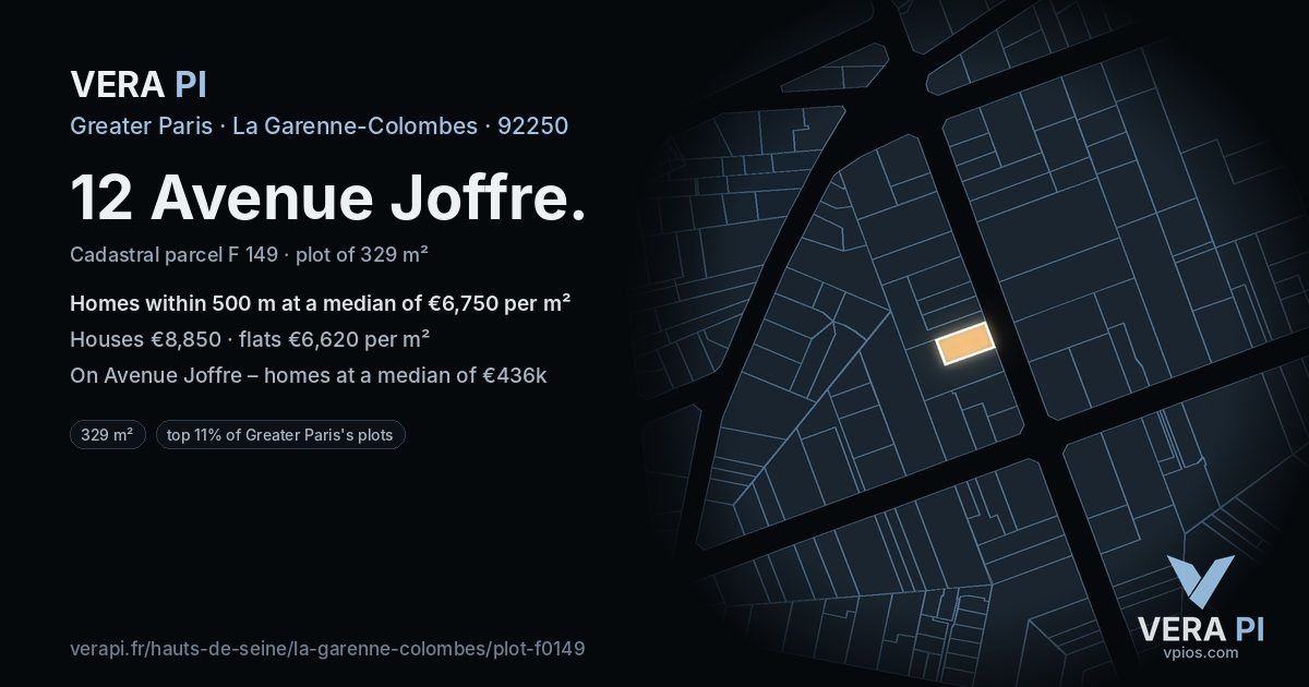 12 Avenue Joffre, La Garenne-Colombes at night – the plot lit, the parcels around coloured by the prices near them