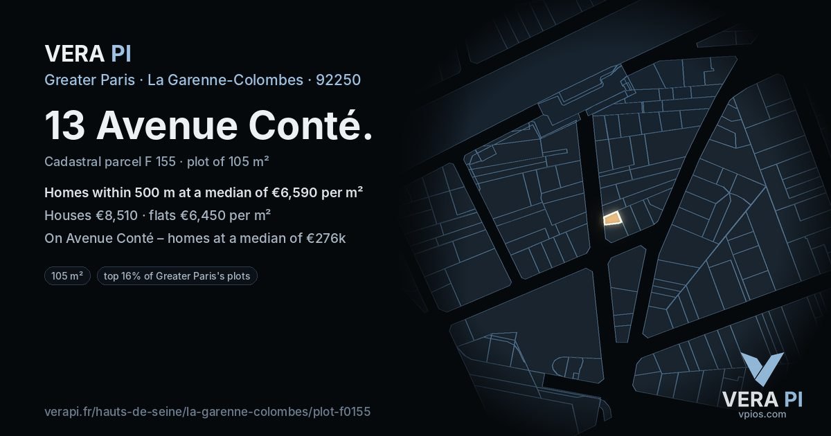 13 Avenue Conté, La Garenne-Colombes at night – the plot lit, the parcels around coloured by the prices near them