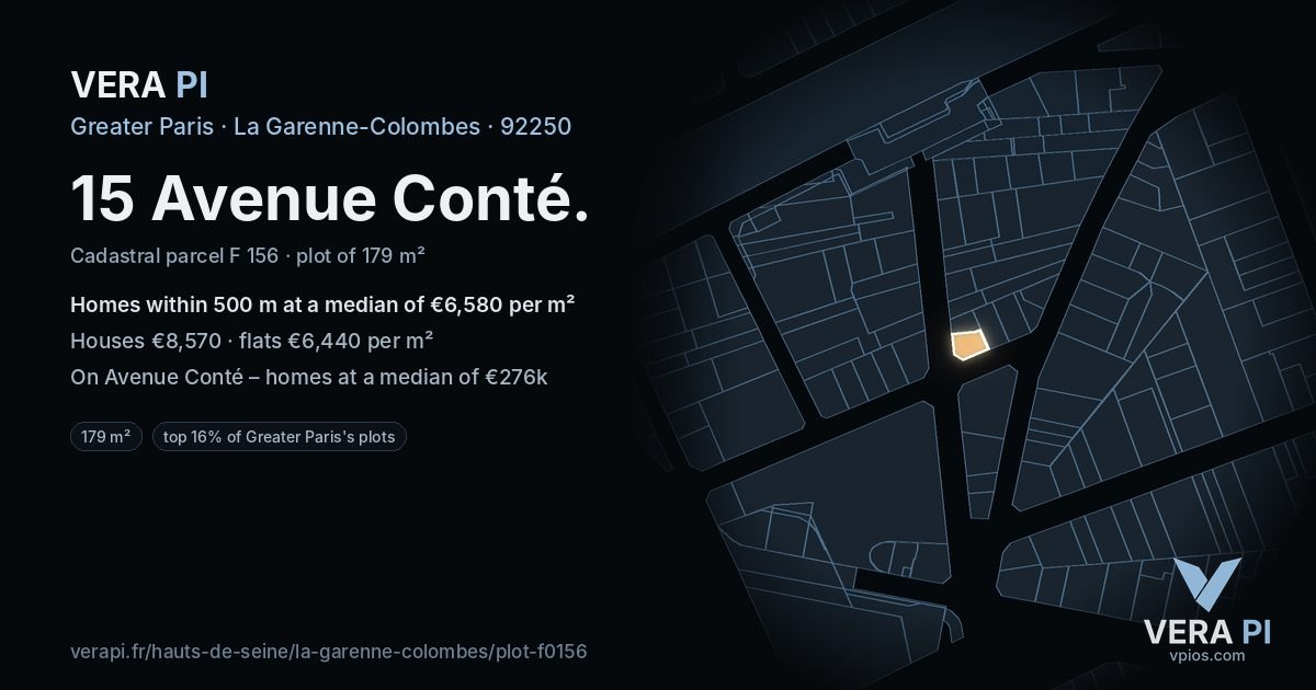 15 Avenue Conté, La Garenne-Colombes at night – the plot lit, the parcels around coloured by the prices near them