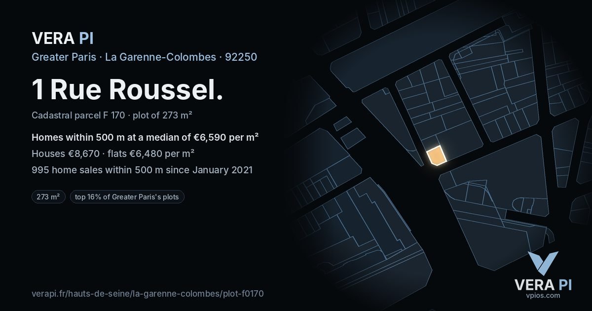 1 Rue Roussel, La Garenne-Colombes at night – the plot lit, the parcels around coloured by the prices near them