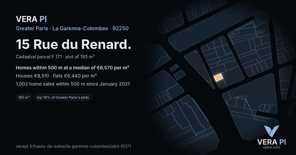 15 Rue du Renard, La Garenne-Colombes at night – the plot lit, the parcels around coloured by the prices near them
