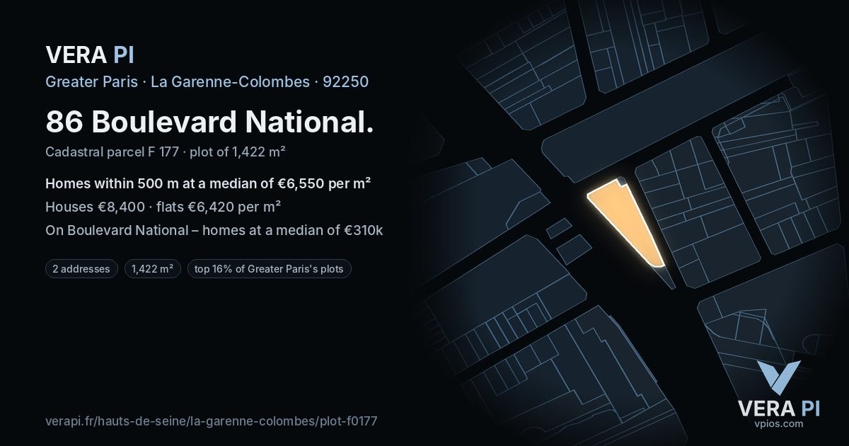 86 Boulevard National, La Garenne-Colombes at night – the plot lit, the parcels around coloured by the prices near them