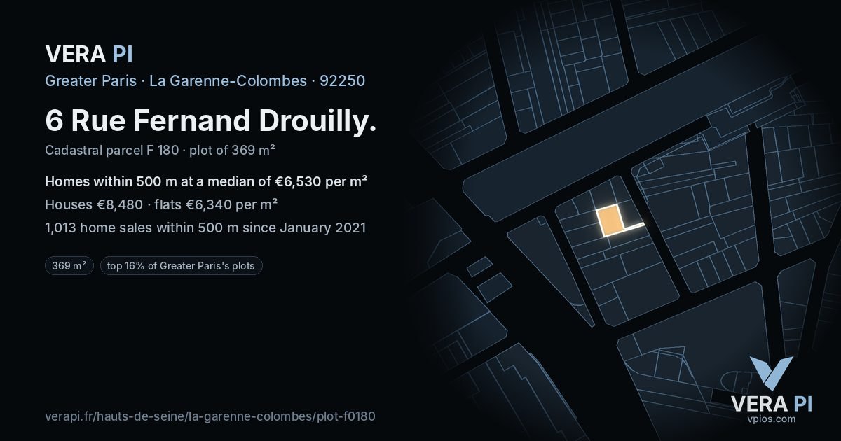 6 Rue Fernand Drouilly, La Garenne-Colombes at night – the plot lit, the parcels around coloured by the prices near them