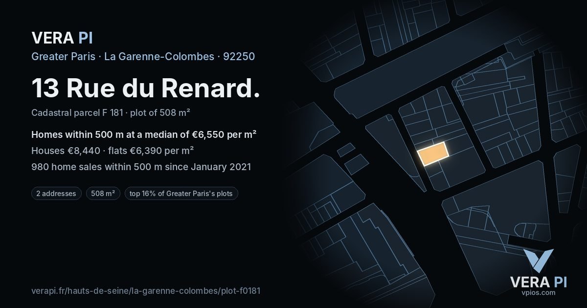 13 Rue du Renard, La Garenne-Colombes at night – the plot lit, the parcels around coloured by the prices near them