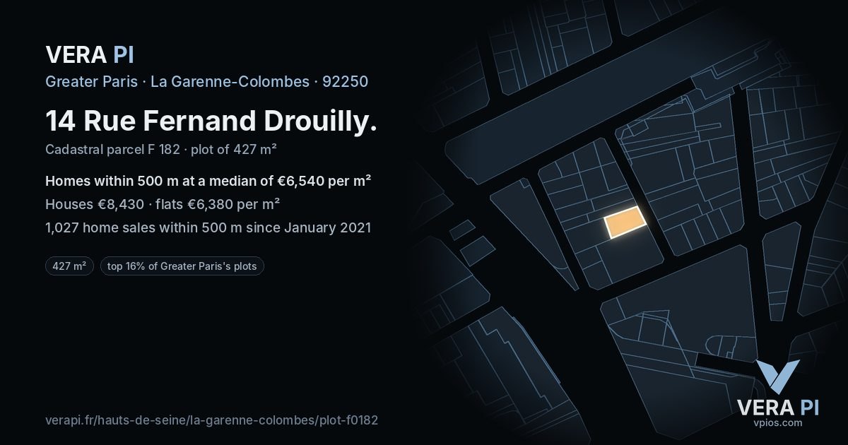 14 Rue Fernand Drouilly, La Garenne-Colombes at night – the plot lit, the parcels around coloured by the prices near them