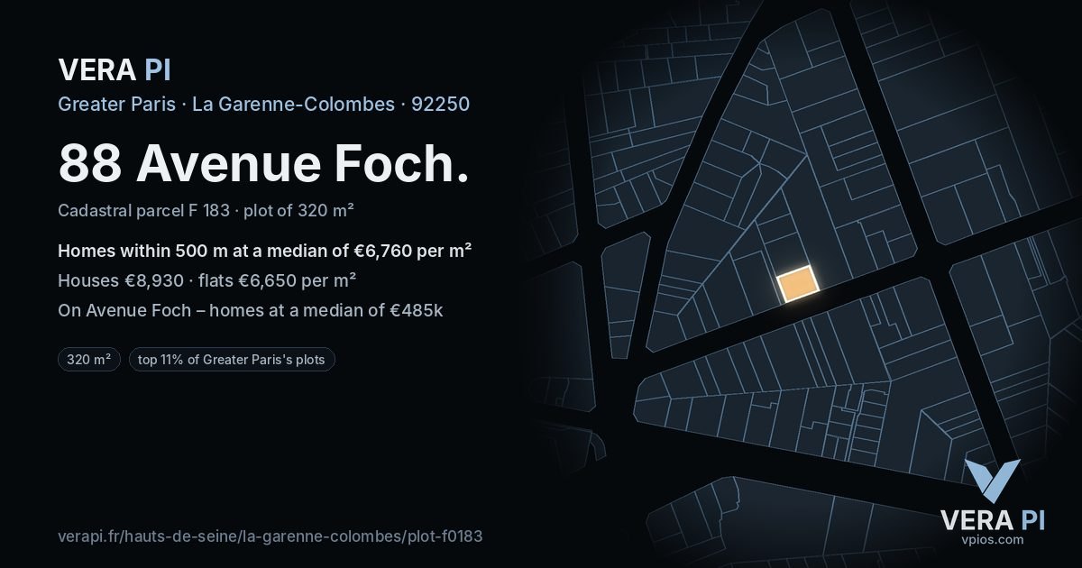 88 Avenue Foch, La Garenne-Colombes at night – the plot lit, the parcels around coloured by the prices near them