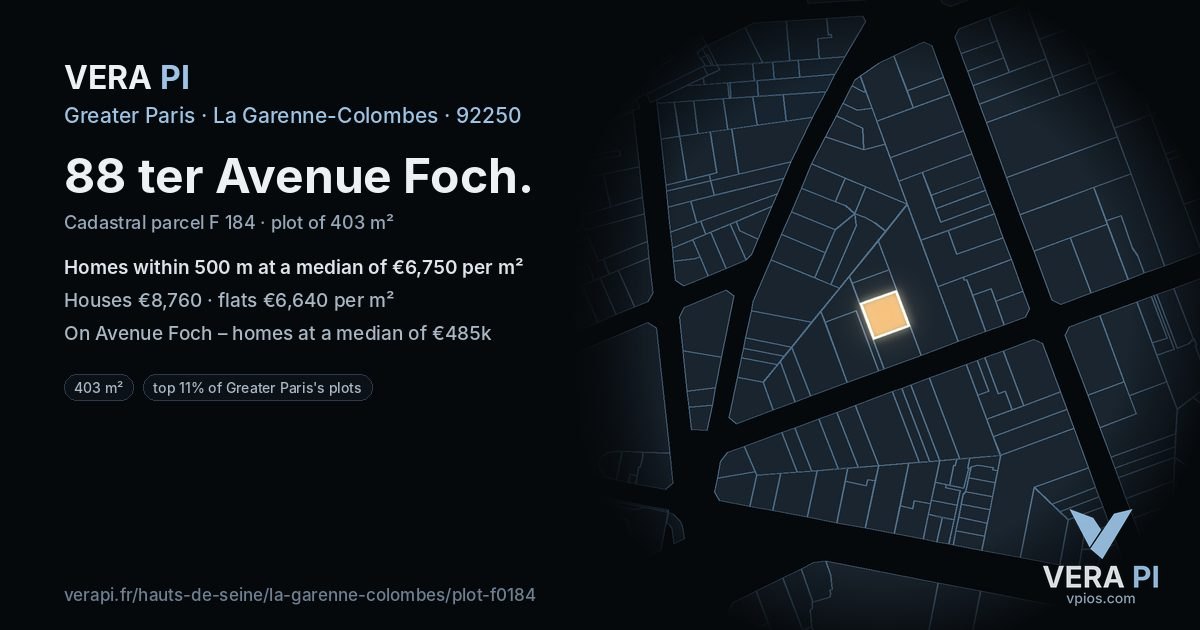 88 ter Avenue Foch, La Garenne-Colombes at night – the plot lit, the parcels around coloured by the prices near them