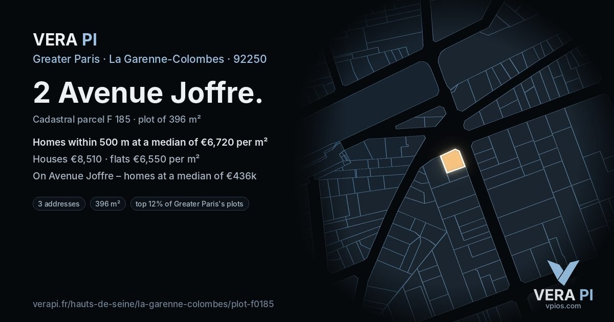 2 Avenue Joffre, La Garenne-Colombes at night – the plot lit, the parcels around coloured by the prices near them