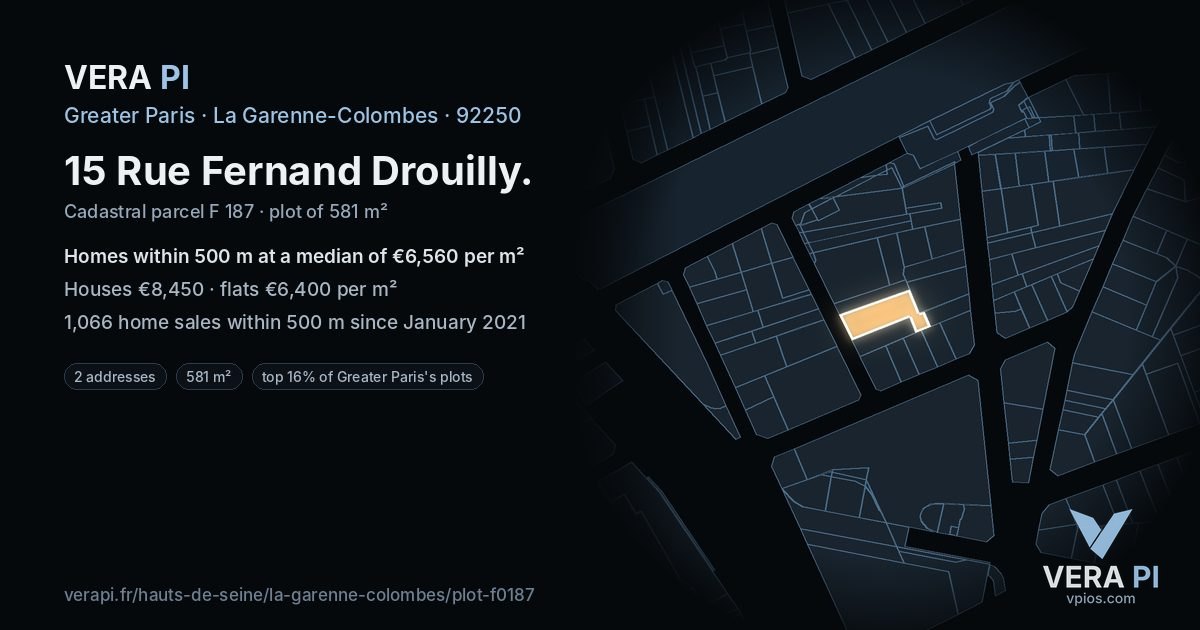 15 Rue Fernand Drouilly, La Garenne-Colombes at night – the plot lit, the parcels around coloured by the prices near them