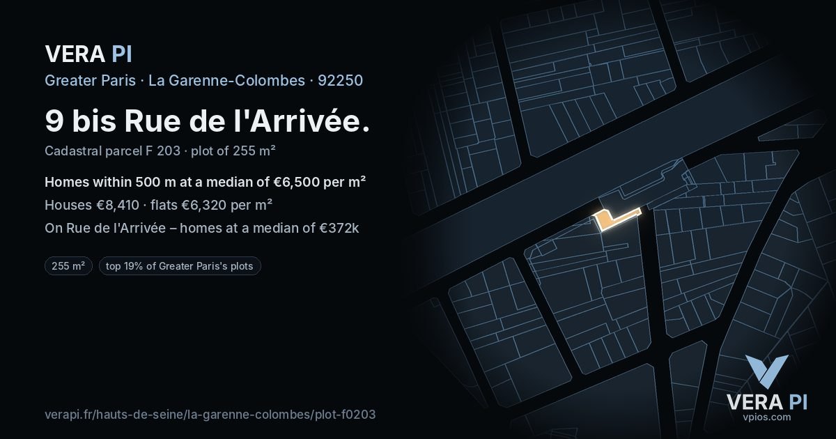 9 bis Rue de l'Arrivée, La Garenne-Colombes at night – the plot lit, the parcels around coloured by the prices near them