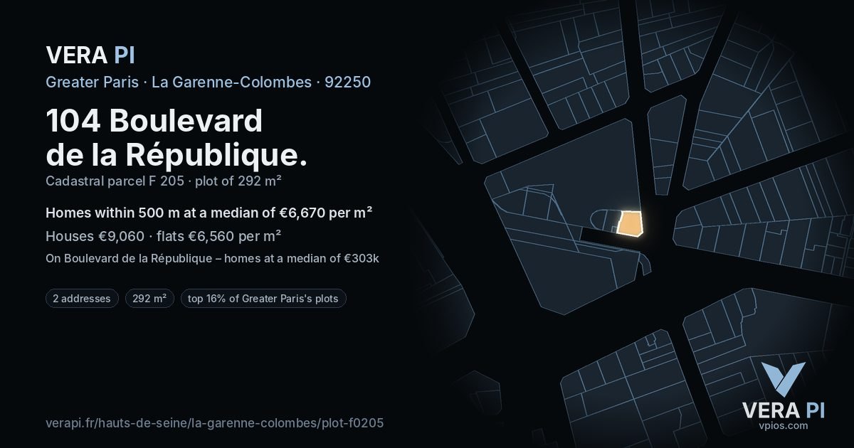 104 Boulevard de la République, La Garenne-Colombes at night – the plot lit, the parcels around coloured by the prices near them