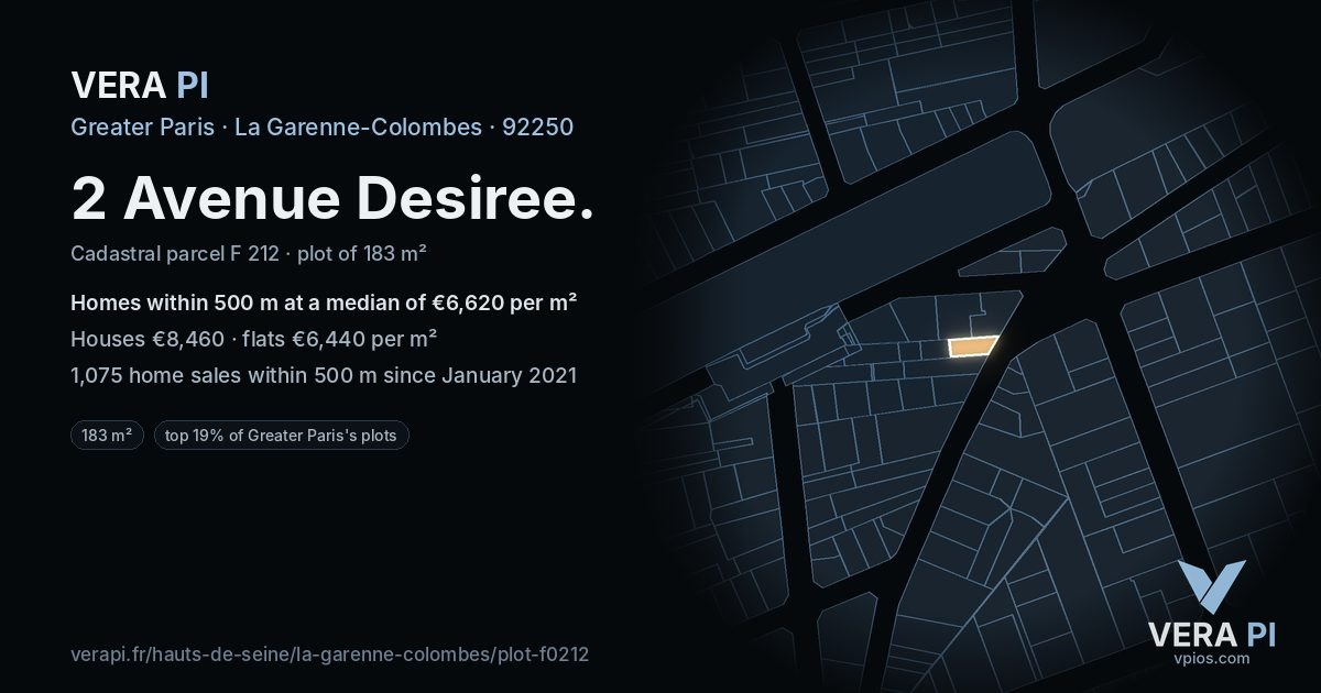 2 Avenue Desiree, La Garenne-Colombes at night – the plot lit, the parcels around coloured by the prices near them