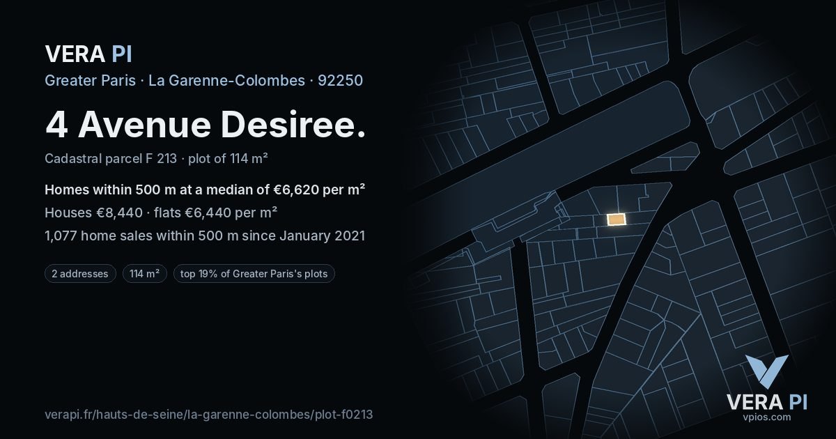 4 Avenue Desiree, La Garenne-Colombes at night – the plot lit, the parcels around coloured by the prices near them