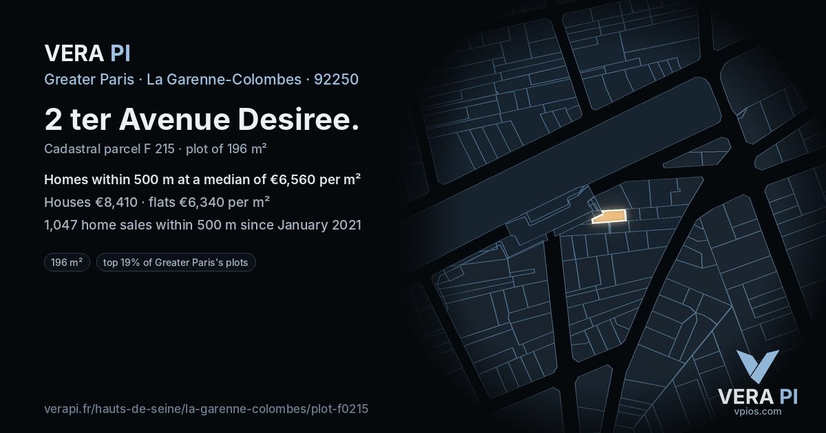 2 ter Avenue Desiree, La Garenne-Colombes at night – the plot lit, the parcels around coloured by the prices near them