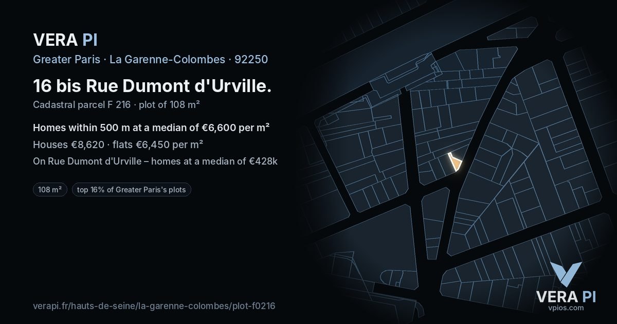 16 bis Rue Dumont d'Urville, La Garenne-Colombes at night – the plot lit, the parcels around coloured by the prices near them