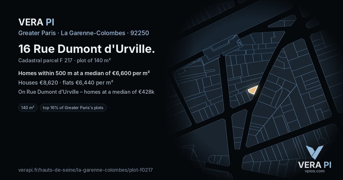 16 Rue Dumont d'Urville, La Garenne-Colombes at night – the plot lit, the parcels around coloured by the prices near them