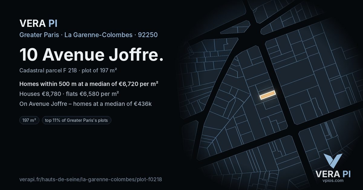 10 Avenue Joffre, La Garenne-Colombes at night – the plot lit, the parcels around coloured by the prices near them