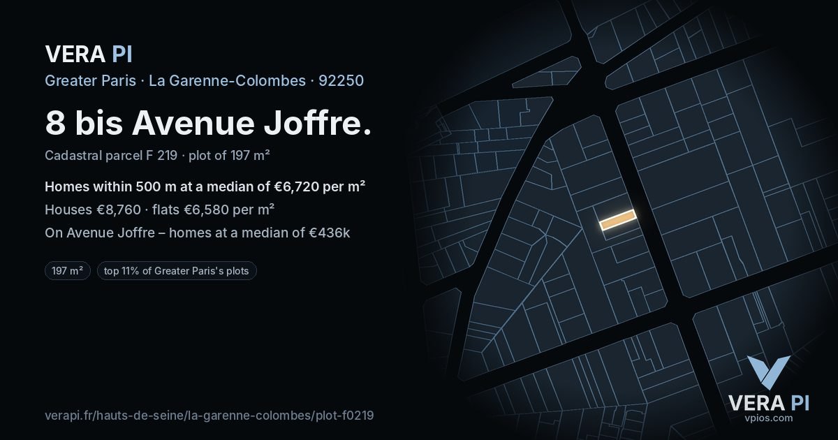 8 bis Avenue Joffre, La Garenne-Colombes at night – the plot lit, the parcels around coloured by the prices near them