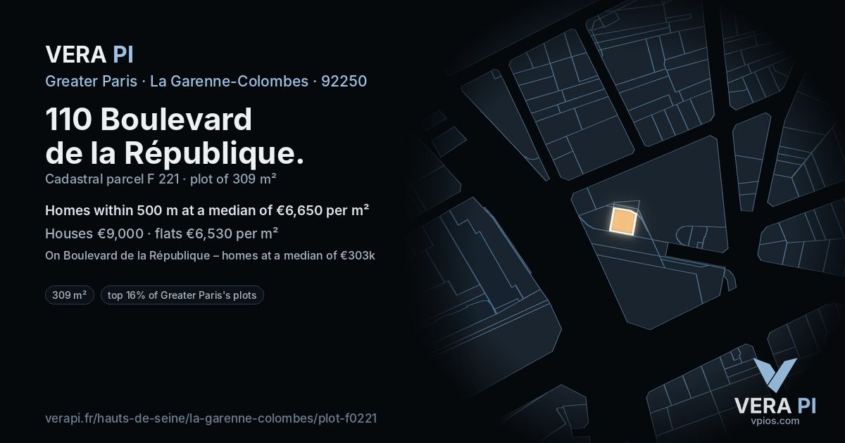 110 Boulevard de la République, La Garenne-Colombes at night – the plot lit, the parcels around coloured by the prices near them