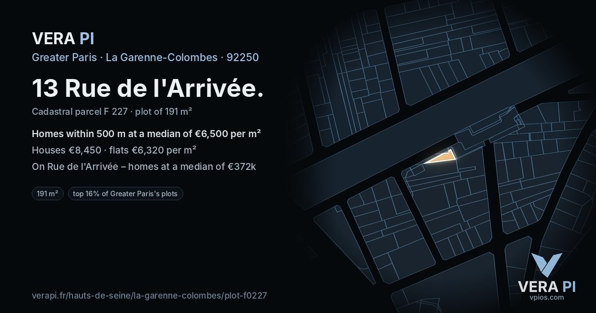 13 Rue de l'Arrivée, La Garenne-Colombes at night – the plot lit, the parcels around coloured by the prices near them