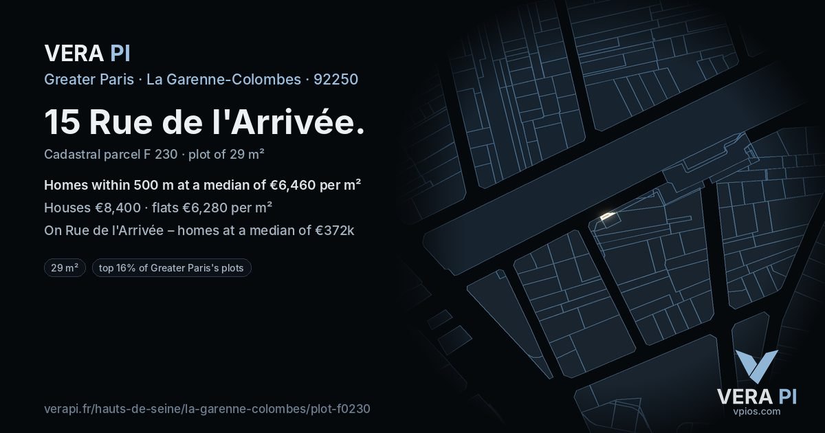 15 Rue de l'Arrivée, La Garenne-Colombes at night – the plot lit, the parcels around coloured by the prices near them