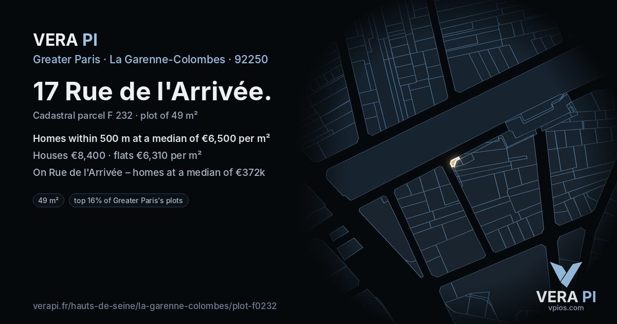 17 Rue de l'Arrivée, La Garenne-Colombes at night – the plot lit, the parcels around coloured by the prices near them