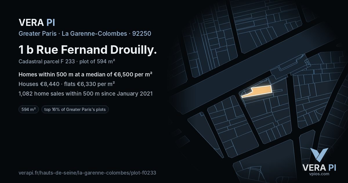 1 b Rue Fernand Drouilly, La Garenne-Colombes at night – the plot lit, the parcels around coloured by the prices near them