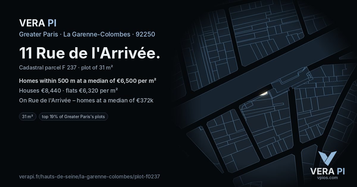 11 Rue de l'Arrivée, La Garenne-Colombes at night – the plot lit, the parcels around coloured by the prices near them