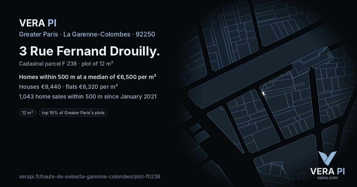 3 Rue Fernand Drouilly, La Garenne-Colombes at night – the plot lit, the parcels around coloured by the prices near them