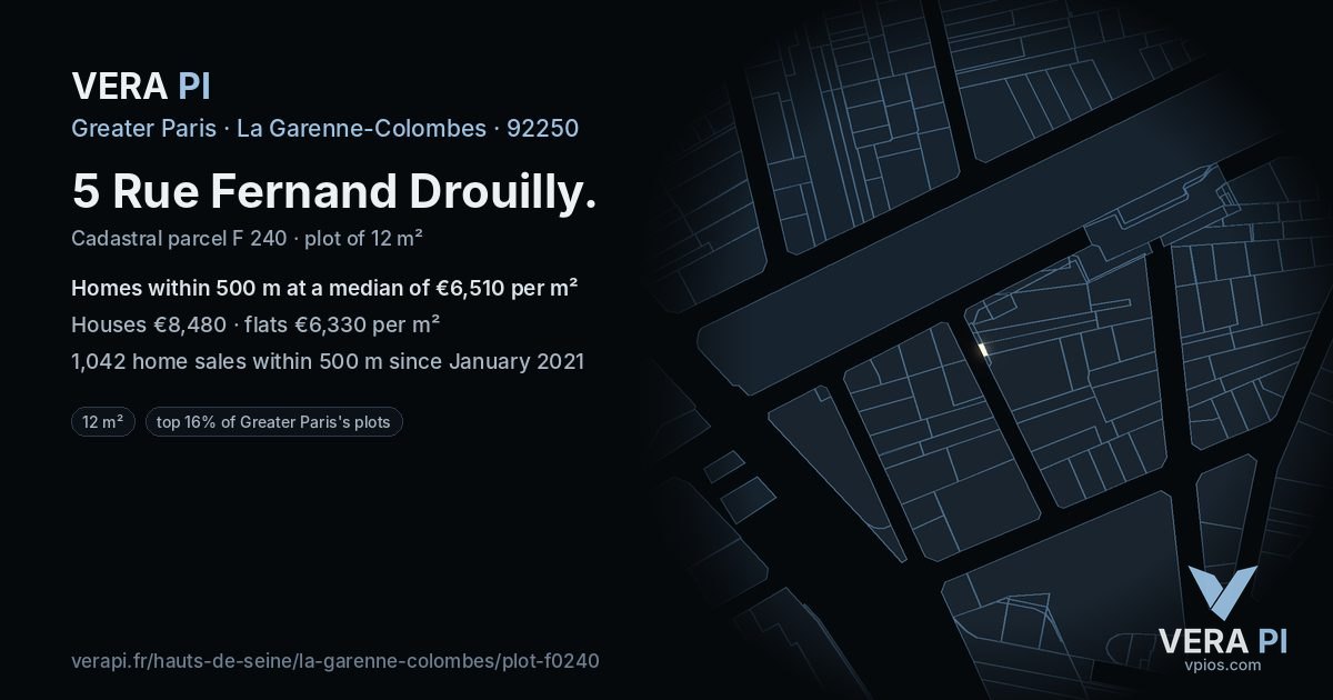 5 Rue Fernand Drouilly, La Garenne-Colombes at night – the plot lit, the parcels around coloured by the prices near them