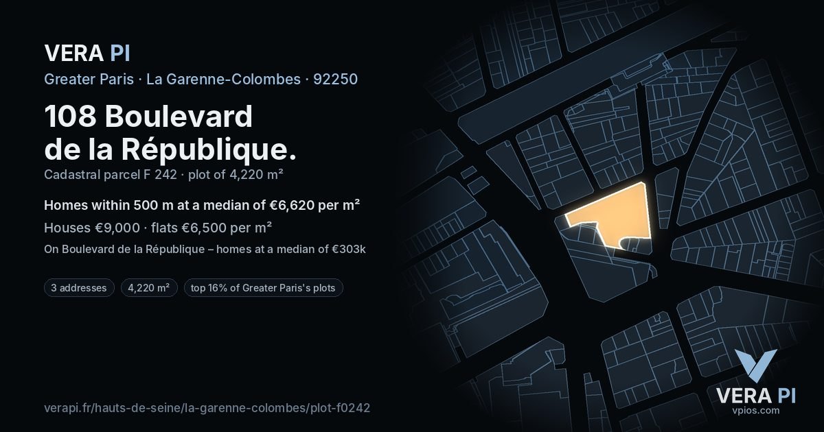 108 Boulevard de la République, La Garenne-Colombes at night – the plot lit, the parcels around coloured by the prices near them