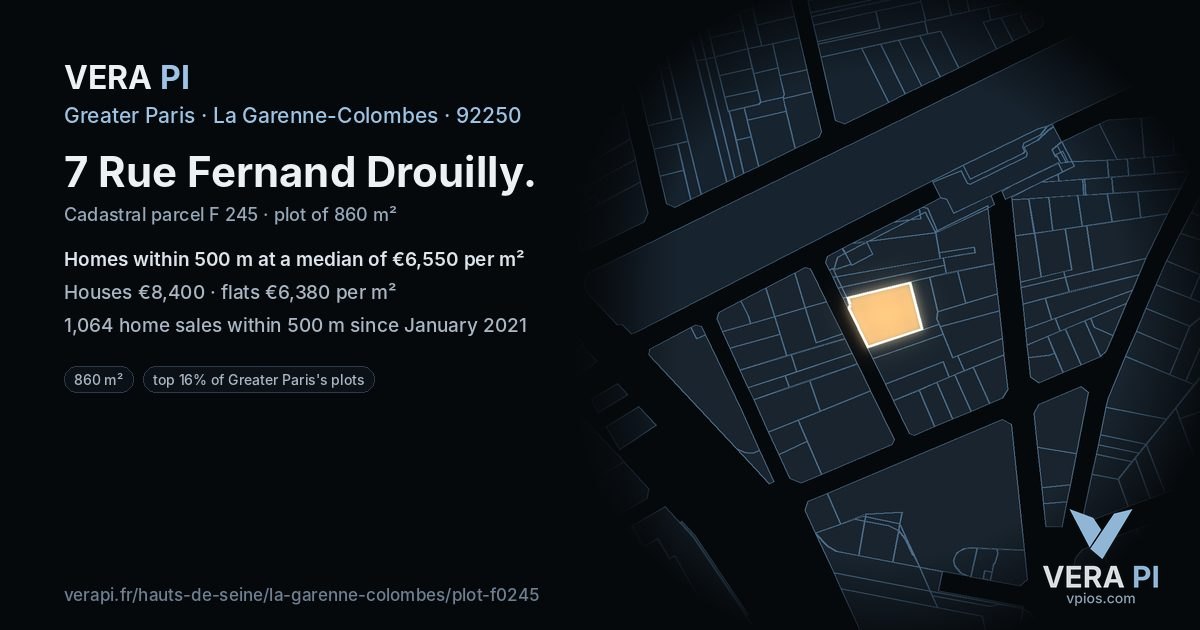 7 Rue Fernand Drouilly, La Garenne-Colombes at night – the plot lit, the parcels around coloured by the prices near them