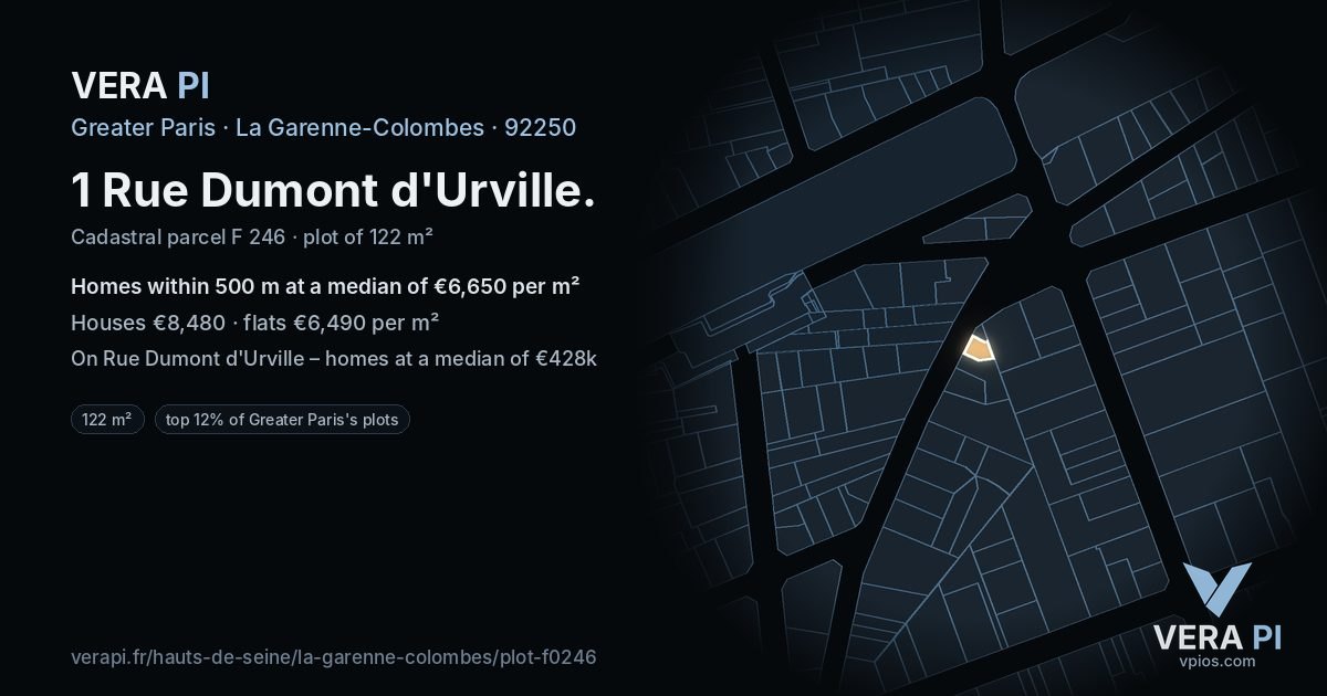1 Rue Dumont d'Urville, La Garenne-Colombes at night – the plot lit, the parcels around coloured by the prices near them