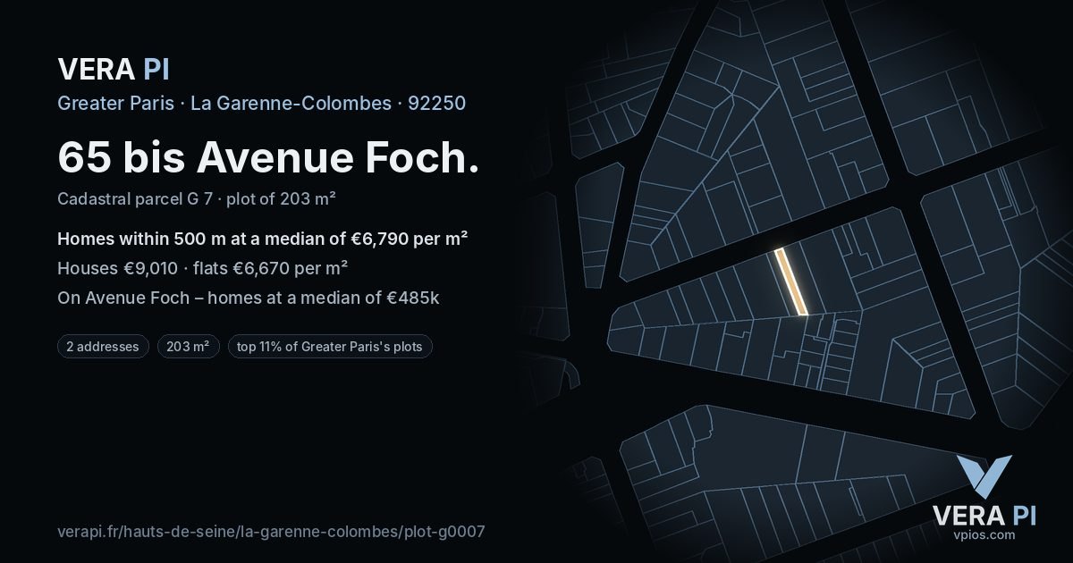 65 bis Avenue Foch, La Garenne-Colombes at night – the plot lit, the parcels around coloured by the prices near them