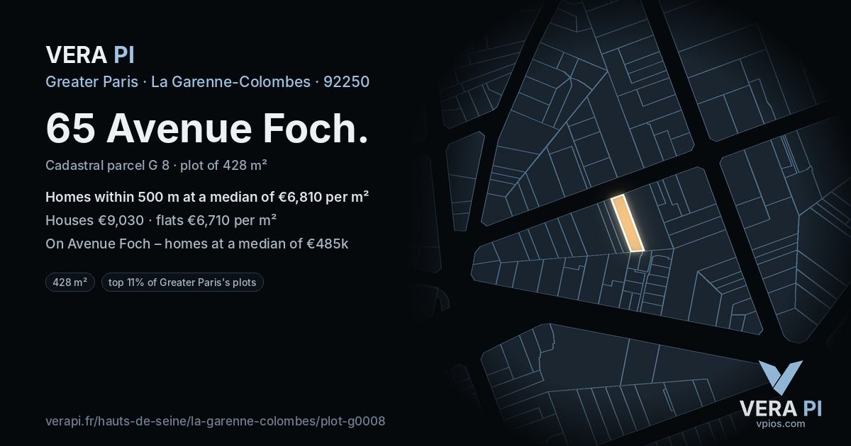 65 Avenue Foch, La Garenne-Colombes at night – the plot lit, the parcels around coloured by the prices near them