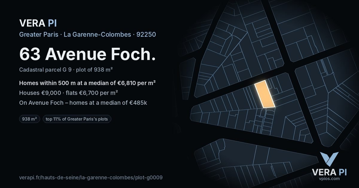 63 Avenue Foch, La Garenne-Colombes at night – the plot lit, the parcels around coloured by the prices near them